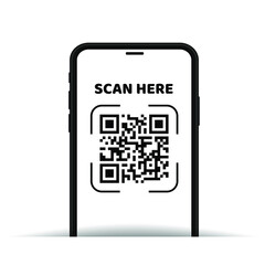 Scanning QR Code with mobile phone and text scan here vector illustration.