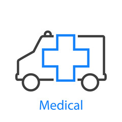 Primeros auxilios. Logo Medical con ambulancia con lineas en color azul y gris