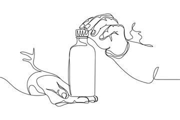 Continuous one line of hands holding medical bottle in silhouette on a white background. Linear stylized.Minimalist.