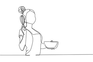 Continuous one line of cook woman in apron with bowl and whisk in silhouette on a white background. Linear stylized.Minimalist.