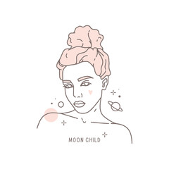 Portrait of a beautiful girl, teenager. Abstract background, planets, and stars. Inscription 