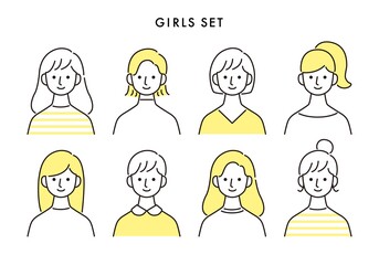 女性のバリエーションアイコンセット 上半身 シンプル イエロー