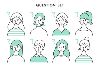 困った女性の表情アイコンセット 上半身 グリーン