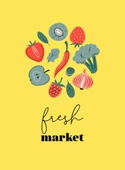 Fresh market poster, card or print with fruits and vegetables. Vitamin C sources , Farm marketplace, healthy food. Vector illustration 