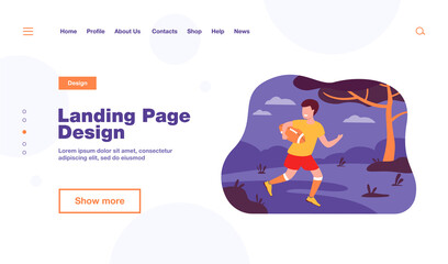 Cheerful young boy playing rugby game in park. Sporty kid in uniform with ball running on field. For childhood, sport, outdoor activity concept