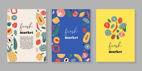 Fototapeta na wymiar Fresh market poster, card or print collection with fruits and vegetables. Vitamin C sources , Farm marketplace, healthy food. Vector illustration 