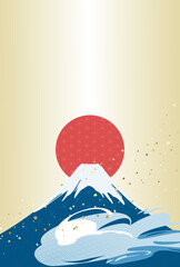 和風背景/フレーム素材　縦　赤い太陽と富士山　年賀状・ポスター・チラシなどに
