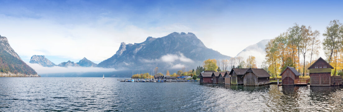 idyllic panorama landscape lake Traunsee, lakeside Ebensee with boathouses and harbor