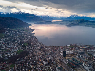 View of the city and lake of Zug during a beautiful sunset