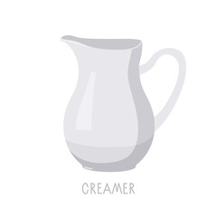Creamer, Small white jug with sock and handle for milk or cream, Kitchen utensils. Ceramic Tea or coffee Party Serving Vessel. Vector Milk pitcher isolated on white background. Coffee time.