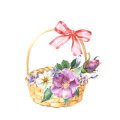 Watercolor basket with flowers and bow. hand-drawn. Illustration for design isolated on white background.