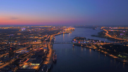 Montreal City at night With River, Aerial View