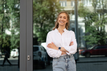 Businesswoman Successful Woman Business Person Standing Outdoor Corporate Building Exterior....
