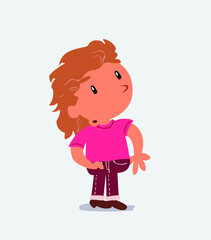 cartoon character of little girl on jeans looks with doubt and somewhat surprised