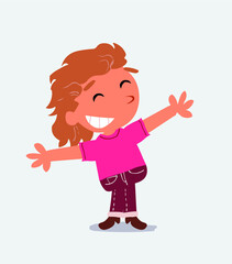 cartoon character of little girl on jeans opening arms very happy.