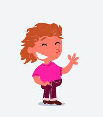  cartoon character of little girl on jeans waving informally while laughing.