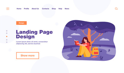 Student reading book or doing her homework outdoors. Girl sitting on grass at tree with textbook and backpack. Vector illustration for college campus, studying at school, knowledge concept