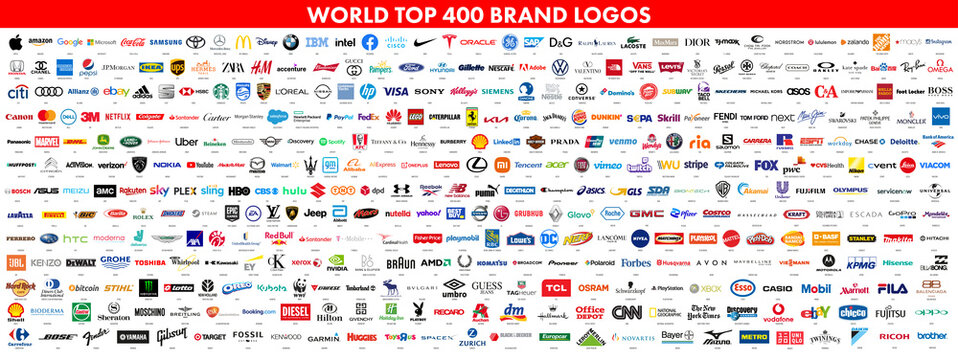 400 Top and most popular World brands. Logo Apple, Google, Amazon, Microsoft, Coca-cola, Samsung, Toyota, Mercedes, MacDonalds, Disney, BMW, IBM, Intel and more. Vector illustration