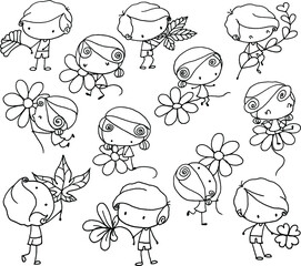vector cartoon boy and girl holding flowers and leaf 