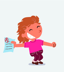  happy cartoon character of little girl on jeans rejoices with exam in hand