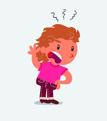  Indigned cartoon character of little girl on jeans vehemently shakes his hand