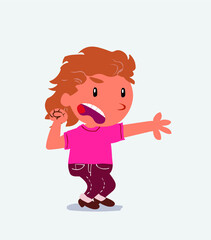 Obraz premium Very angry cartoon character of little girl on jeans pointing at something