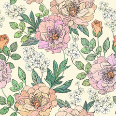 Seamless floral pattern with peony flowers. - 440936015