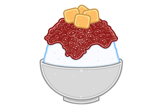 Patbingsu. This is a popular Korean shaved ice dessert with sweet toppings that may include chopped fruit, condensed milk, fruit syrup, and red beans. Vector  illustration.