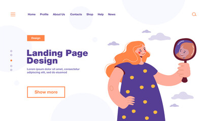 Happy woman looking at herself in mirror, smiling, admiring reflection. Vector illustration for female narcissism, overgrown ego, self love concept