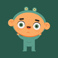 Funny baby in frog costume vector cartoon character isolated on background.