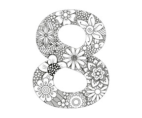 Adult coloring page with number 8. Ornamental font