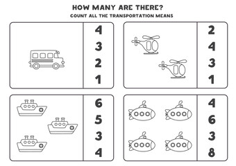 Counting game with transportation means. Math worksheet.