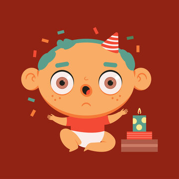 Funny baby celebrate birthday vector cartoon character isolated on background.