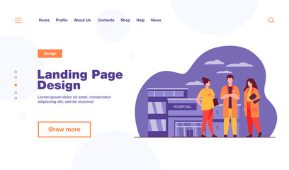 Group of doctors standing at hospital building. Team of practitioners and ambulance car in background. Vector illustration for medical staff, medicine, job, occupation concept