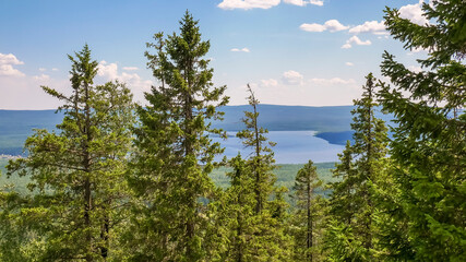 View through the branches of trees to the lake located in the south of the Ural Mountains.