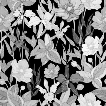 Seamless pattern with flowers and exotic plants, pastel grey colors on black background