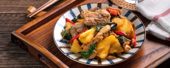 Stir-fried Taiwanese Three Cup Chicken with pineapple.