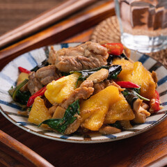 Stir-fried Taiwanese Three Cup Chicken with pineapple.