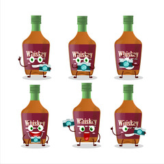 Photographer profession emoticon with whiskey bottle cartoon character