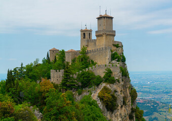 Fototapeta na wymiar San Marino, San Marino 31th may 2021 -One of the three towers (3 torri di San Marino) of the mountain village of San Marino