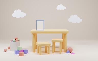 Kindergarten or preschool playroom interior. Kids table with poster mock up and chairs for game and education. Cartoon 3d illustration child room with clouds and toy cubes, dry pool with balls