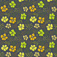 Seamless floral pattern, bright yellow, green and orange flowers on a dark background. drawing with pastels, crayons.