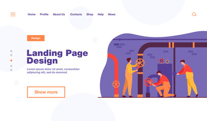 Handymen working in team and fixing leakage in boiler room flat vector illustration. Cartoon plumbers repairing pipes with tools. Flight crew and aircraft concept