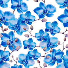 Fototapeta na wymiar Hand painted watercolor seamless pattern with blue orchids isolated on white background. Ideal wedding decoration, clothes print and interior textile
