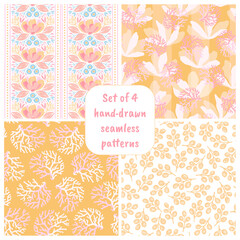 Set of hand-drawn seamless patterns with flowers. Colorful floral illustrations for paper, gift wrap, wallpapers, fabric, textile design.