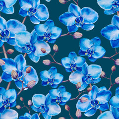 Fototapeta na wymiar Blue orchid flowers seamless pattern on dark blue background. Monochrome design for textile, sublimation print, wrapping paper