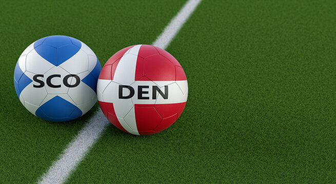 Scotland vs. Denmark Soccer Match - Leather balls in Scotland and Denmark national colors. 3D Rendering 