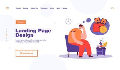 Sad unhappy person having money problem. Broke man feeling sad and depressed, staying home and thinking of unpaid loan. Vector illustration for bankrupt, financial crisis, depression concept