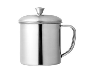 Stainless steel cup with lid isolated on white background.