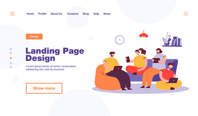 Group of friends with digital devices meeting at home, sitting together. People using laptops, tablet, mobile phone for internet and social media browsing, For communication, public access concept